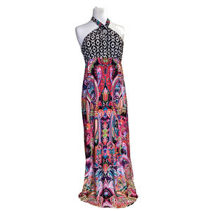 VINTAGE 70'S STYLE HALTER PAISLEY KEYHOLE MAXI DRESS SZ L